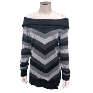 AB Studio Off Shoulder Chevron Stripe Alternating Gray Black Cowl Neck Sweater S